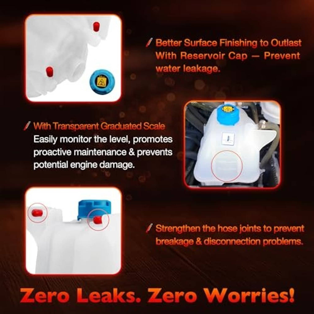 White coolant reservoir with blue cap, translucent fill area, and red vent plug