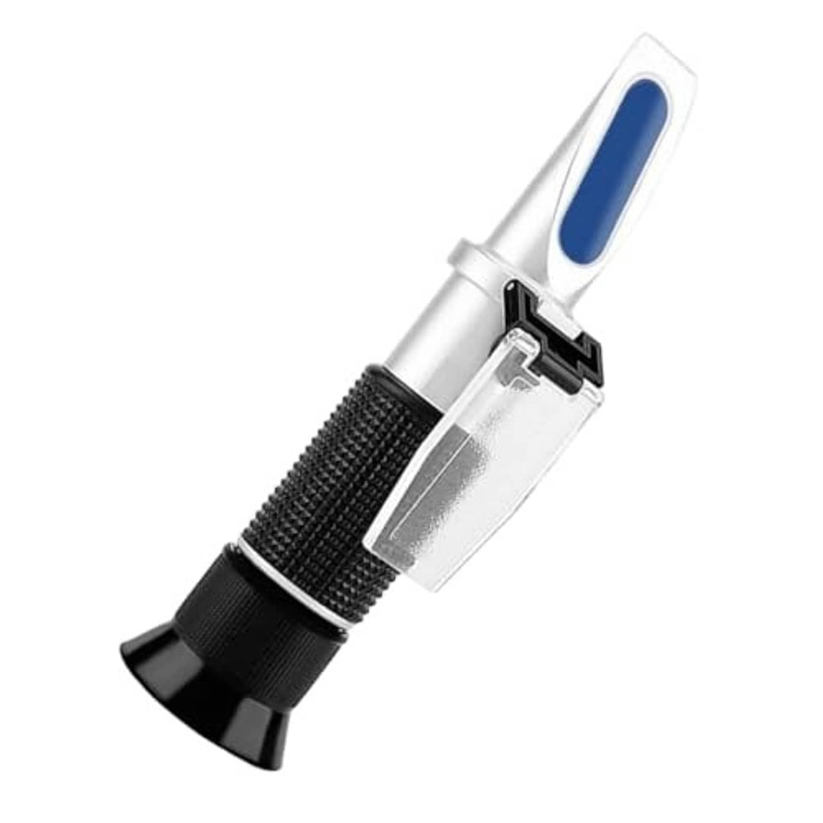 Silver handheld antifreeze refractometer with blue lens, clear prism cover, and textured handle