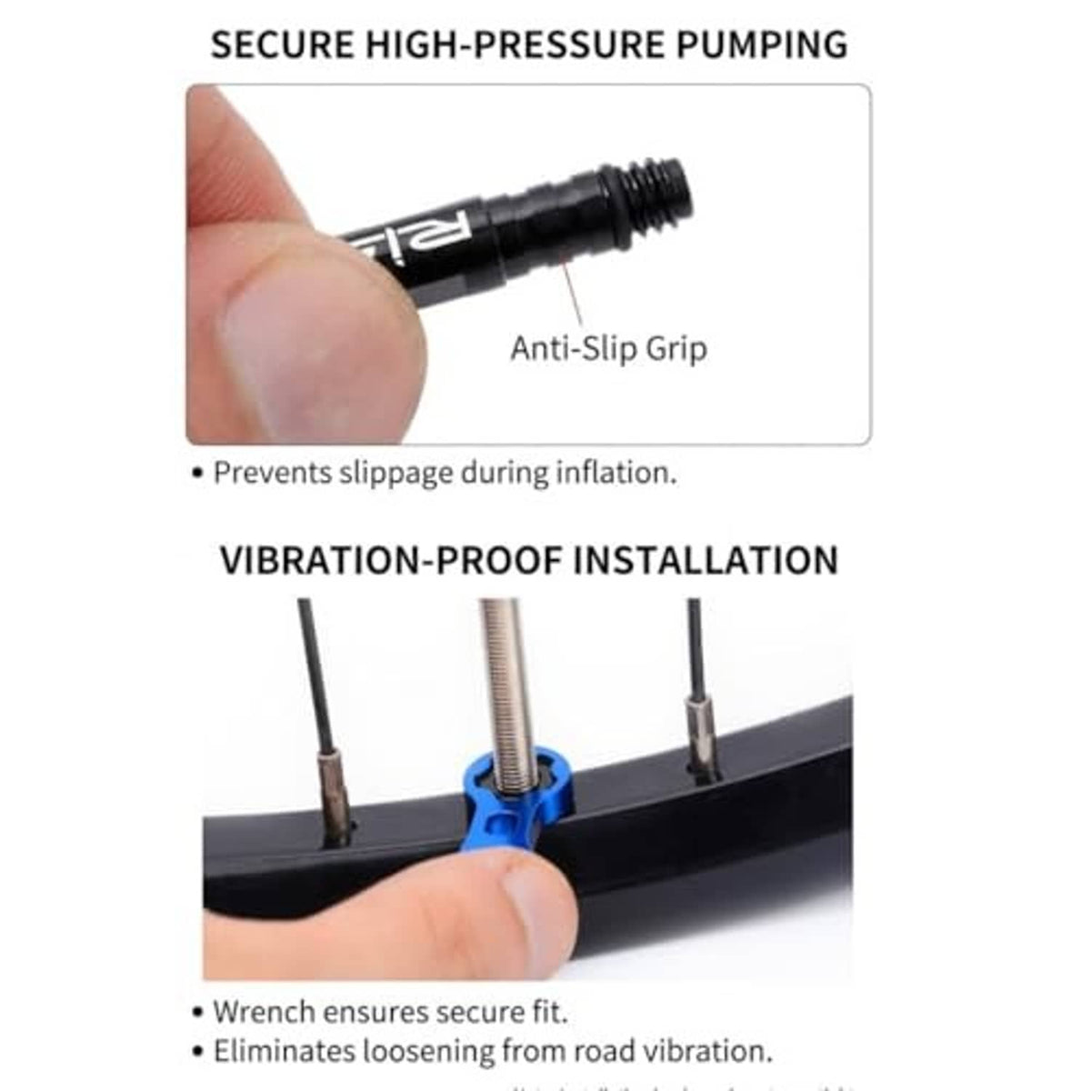 Presta valve extender with anti-slip grip and installation on bike rim for secure fit
