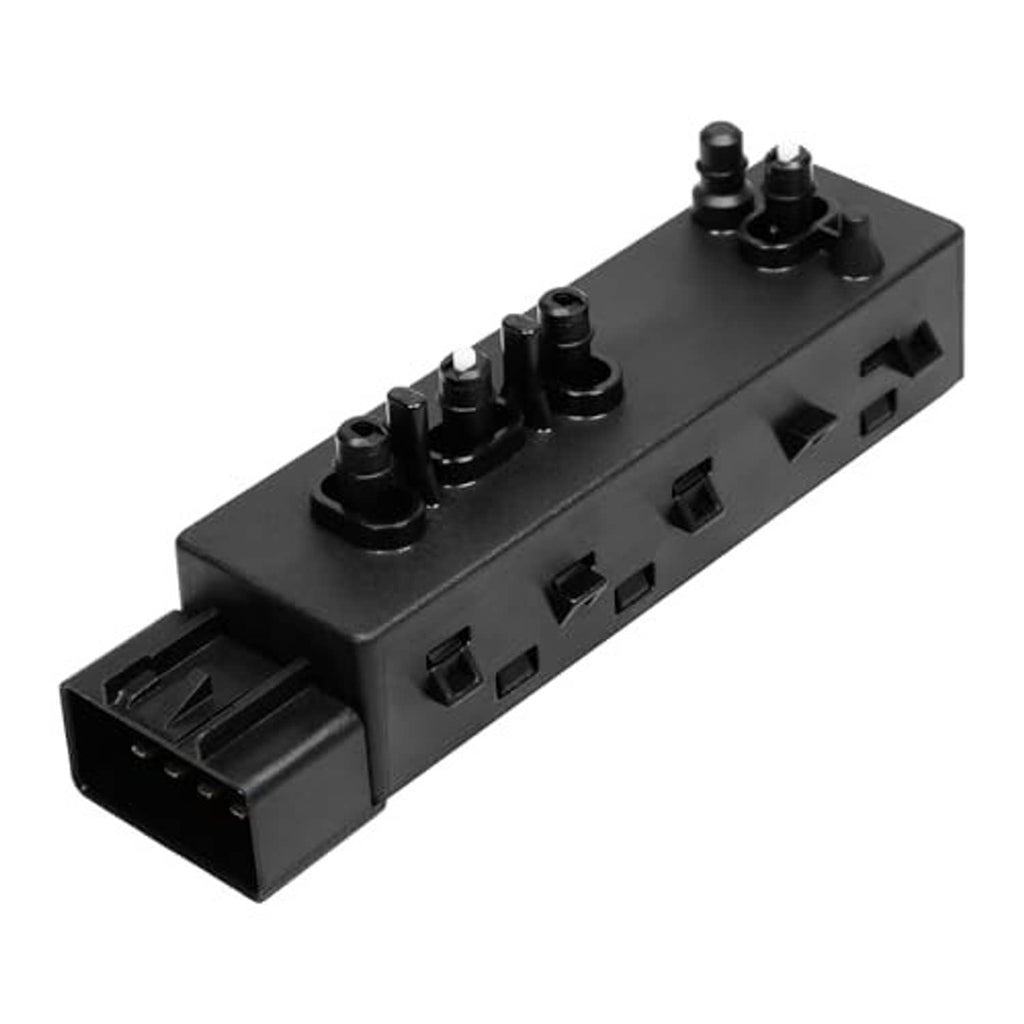 Black power seat switch module with pin posts and multiple side connector openings