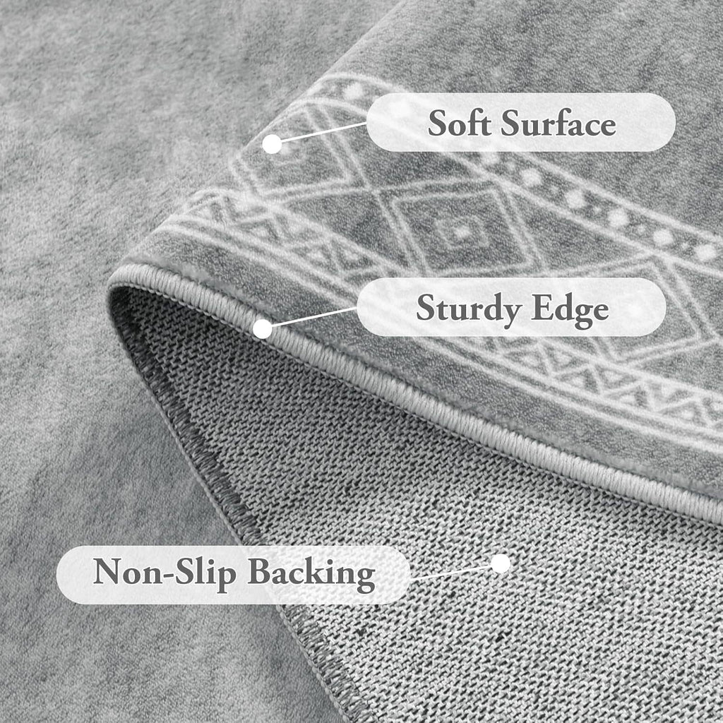 Close-up of gray runner rug showing bordered pattern and non-slip backing edge