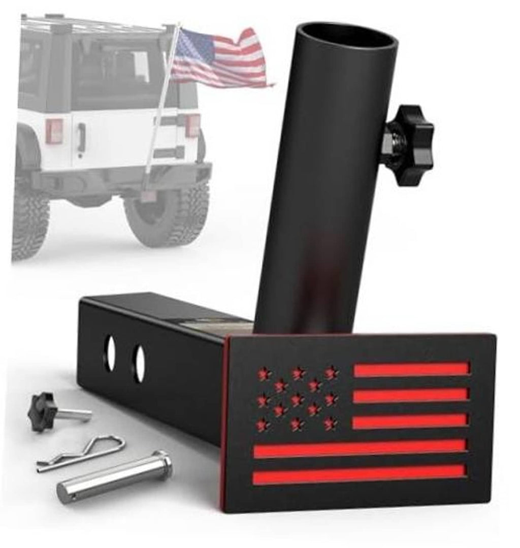Black flagpole holder base with pole tube and red stars/stripes panel, included hardware