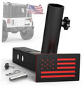 Black flagpole holder base with pole tube and red stars/stripes panel, included hardware