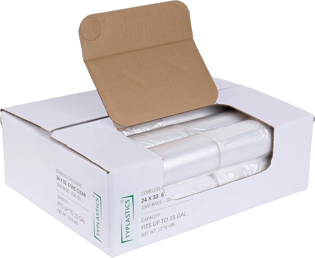 White trash can liners rolled inside open carton with brown paper wrap