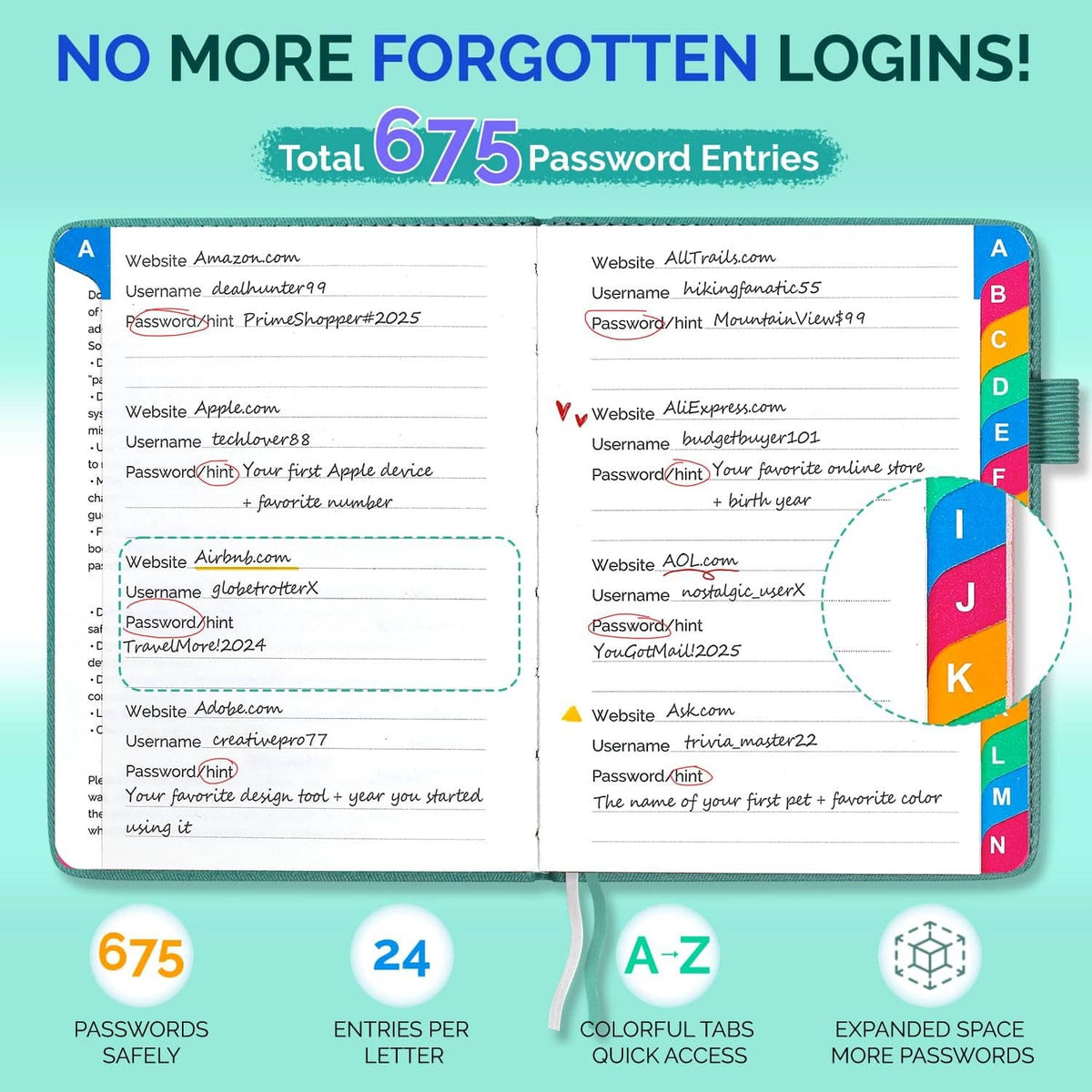 Turquoise password logbook with A–Z color-coded tabs and open entry pages