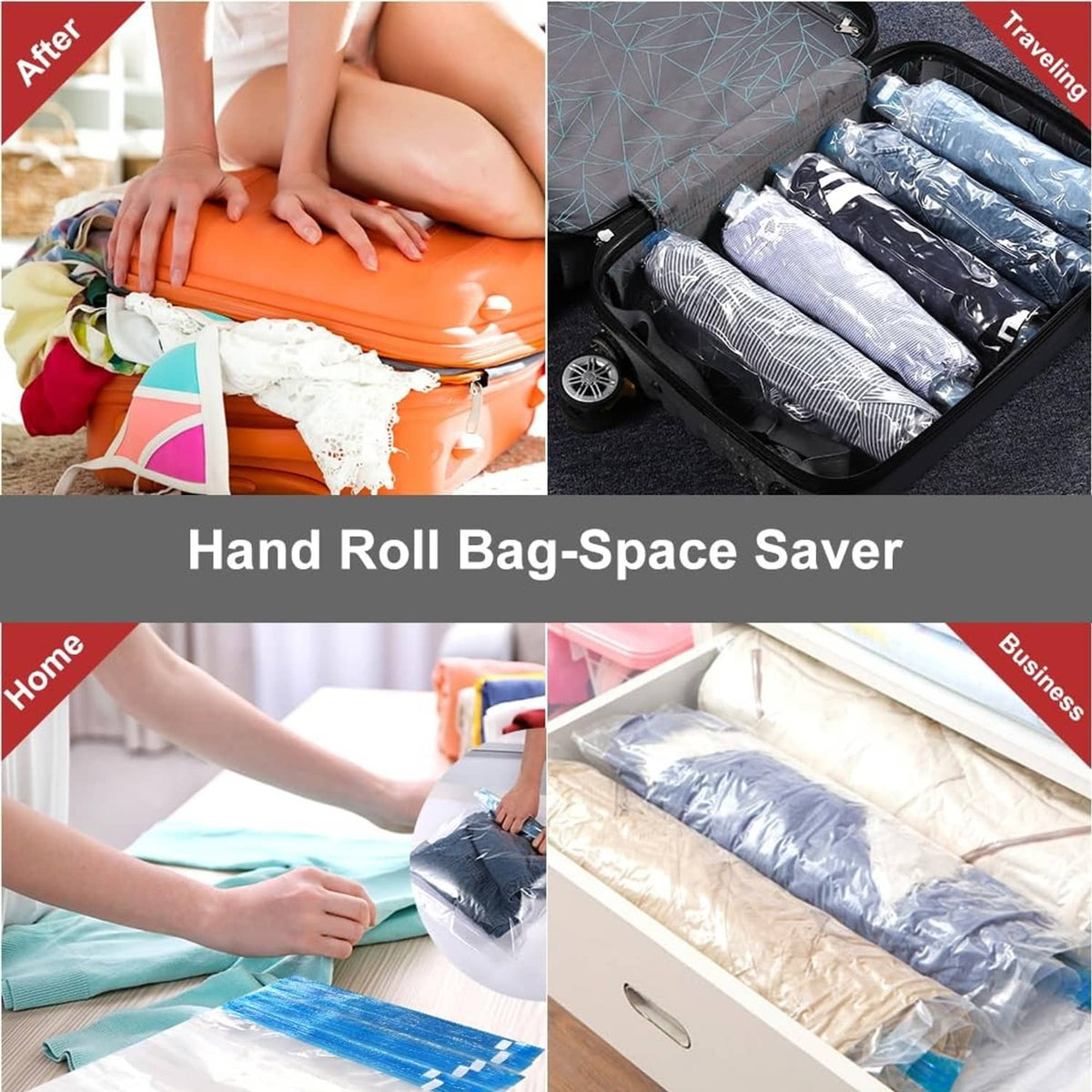 Space-saver vacuum bags, hands rolling and packing compressible bags for storage