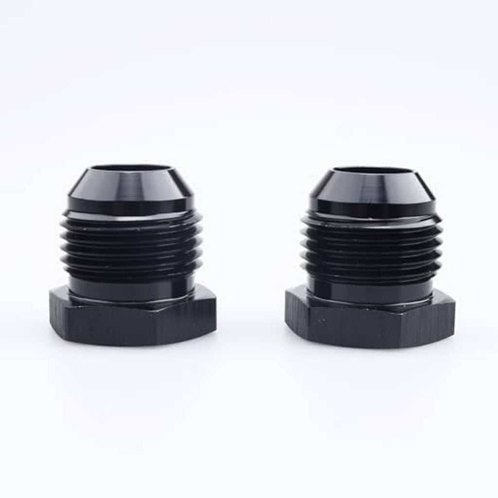 Black AN male flare blanking plug connectors front view, hex cap base and ridged threads