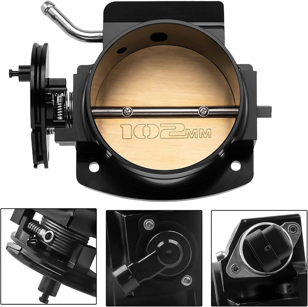 102mm throttle body front view with gold bore and three detail angles of ports