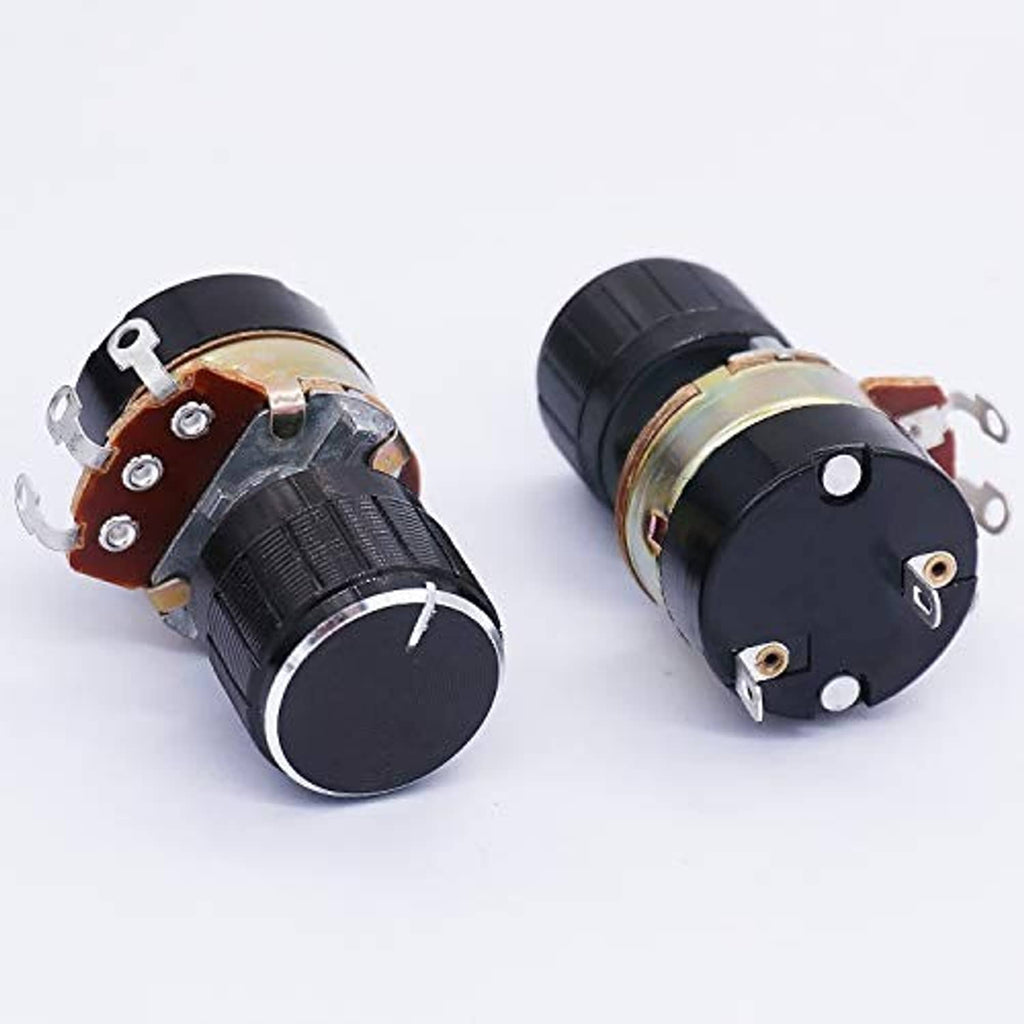 Black potentiometer knobs with gold circuit base, metal mounting lugs on both sides