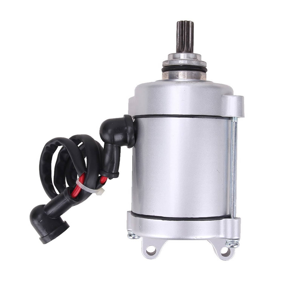ATV starter motor top view with silver cylinder, black wires, and vertical spout connector
