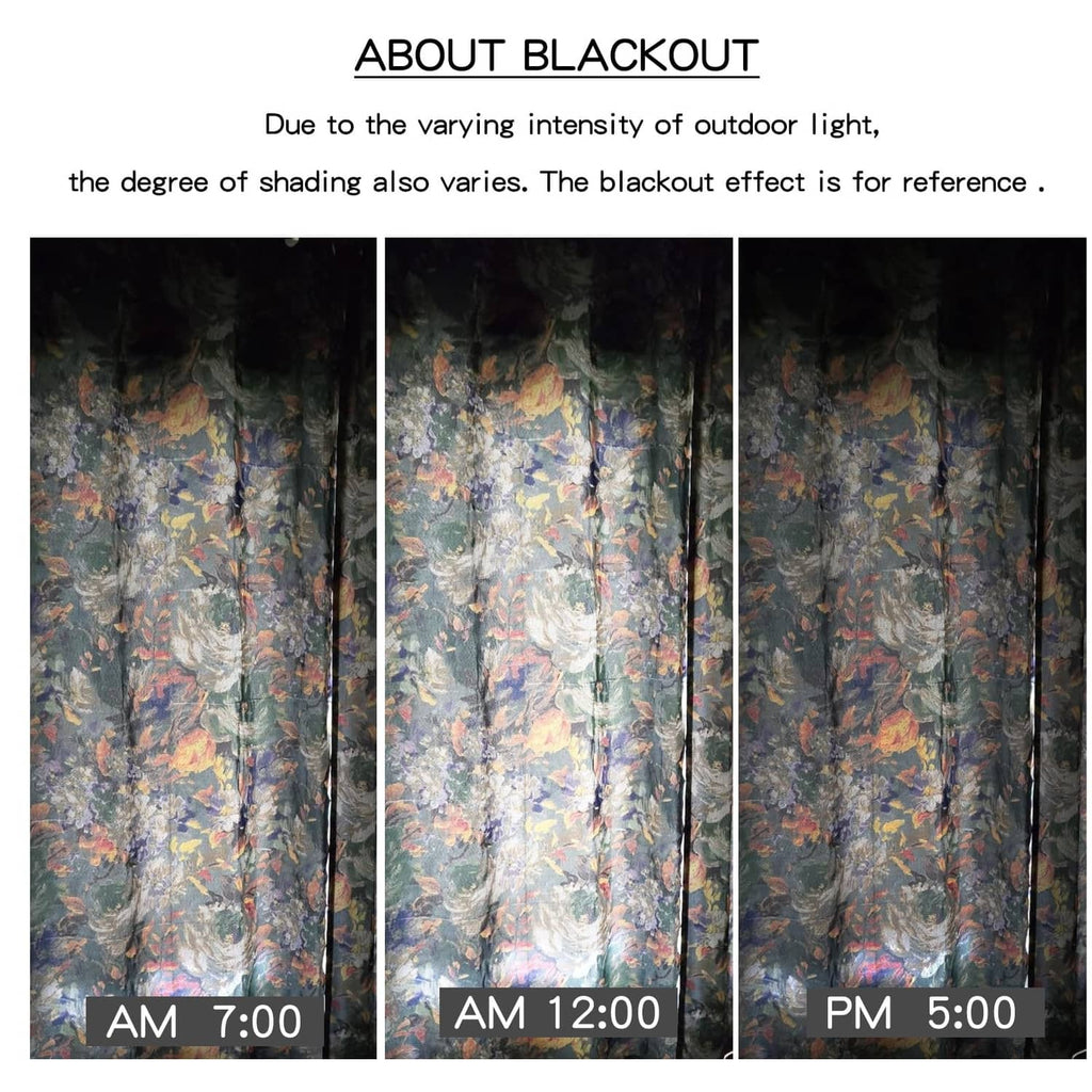 Floral green curtain fabric showing shaded blackout appearance in three views