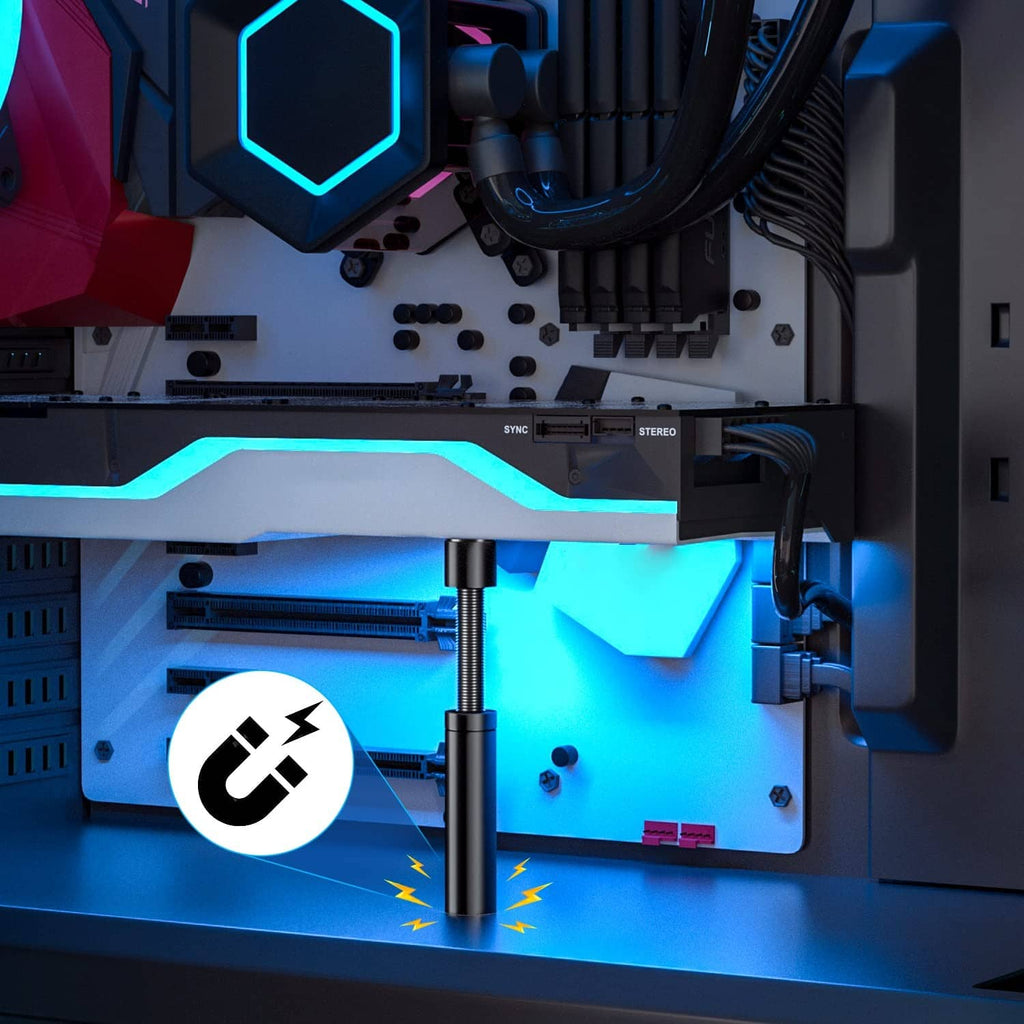 Black adjustable GPU sag support bracket with threaded post under a graphics card