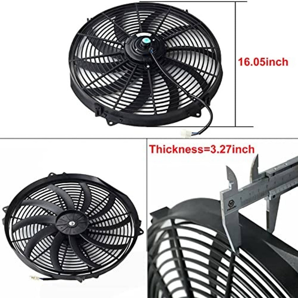 Electric radiator cooling fan with round black grille and side mounting brackets