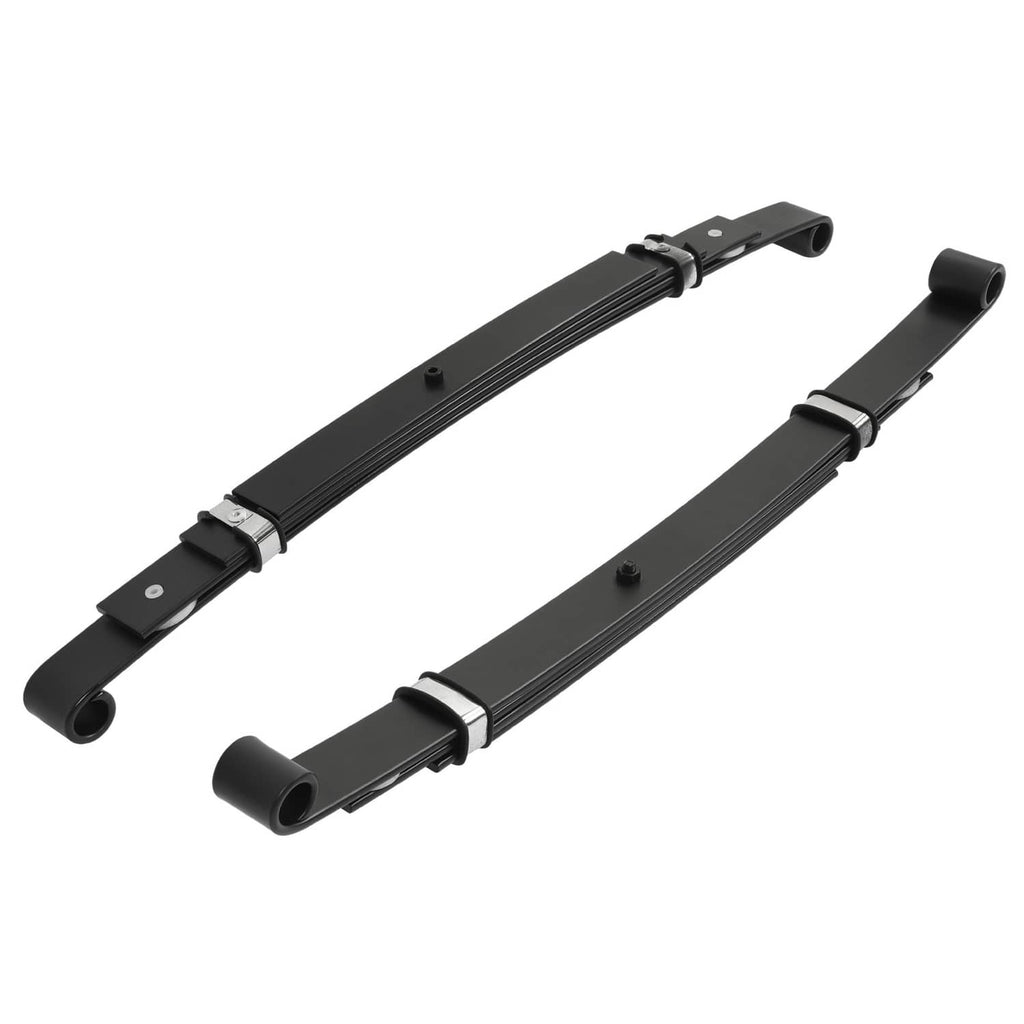 Black rear leaf spring assemblies with end bushings and mounting brackets shown