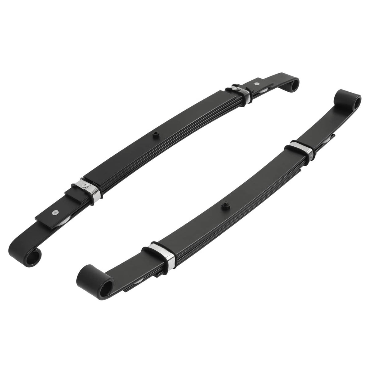 Black rear leaf spring assemblies with end bushings and mounting brackets shown