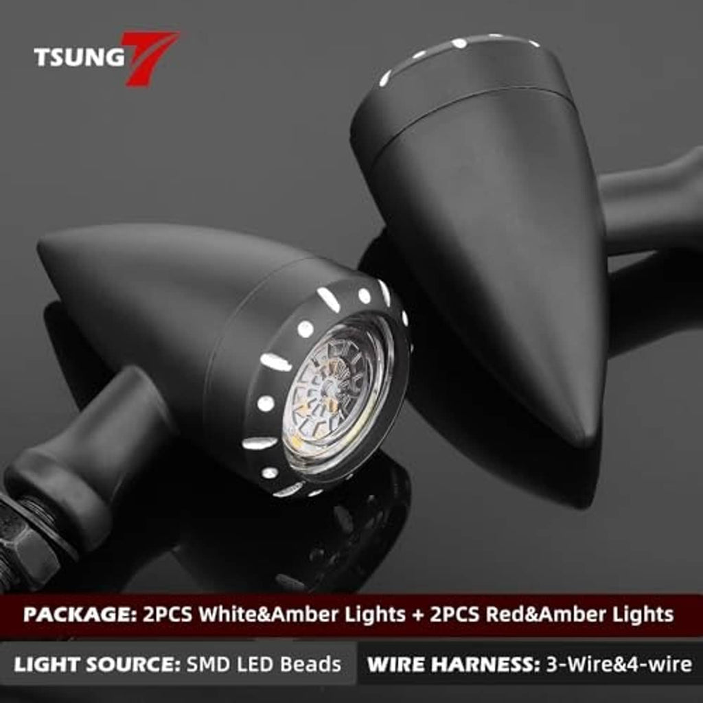 Black motorcycle bullet LED turn signal lights with patterned lens and T2SUNG brand mark