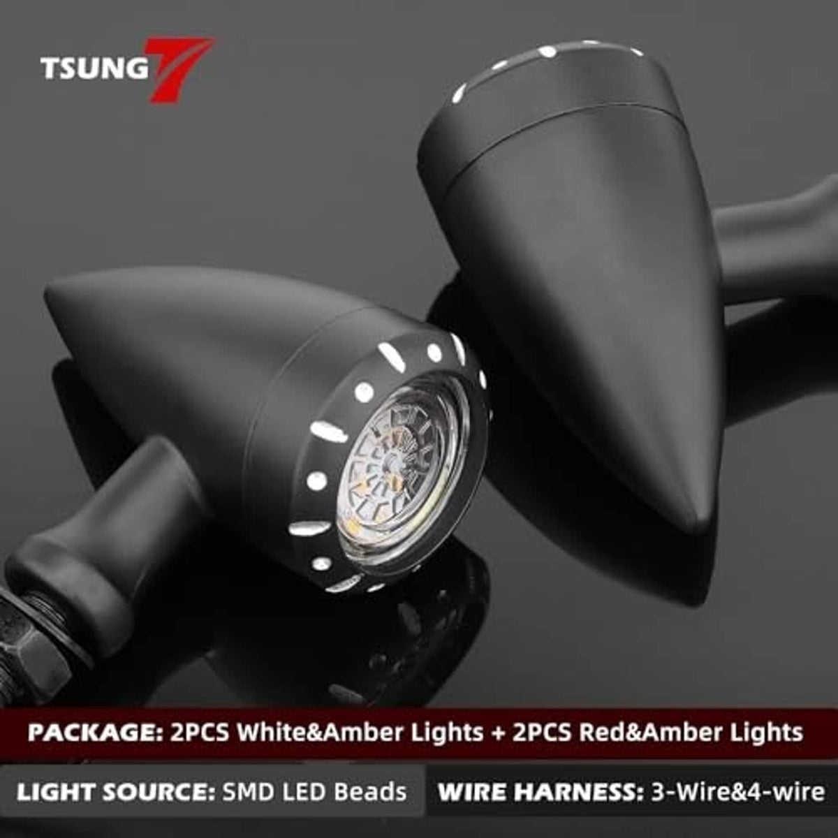Black motorcycle bullet LED turn signal lights with patterned lens and T2SUNG brand mark