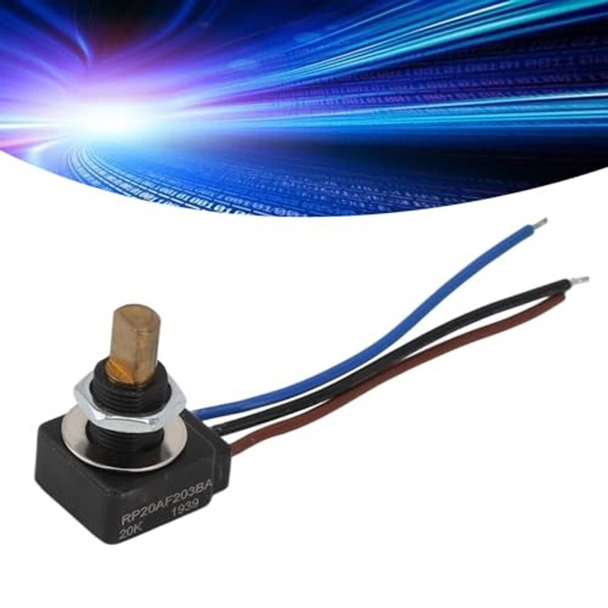 Adjustable resistor with brass adjustment screw and long blue plus brown lead wires