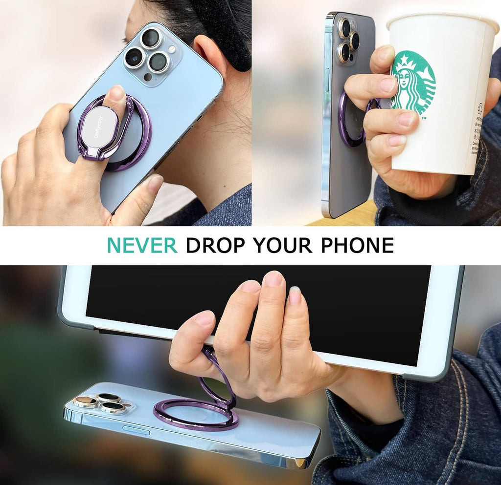 Purple magnetic phone ring holder on a phone case for secure holding