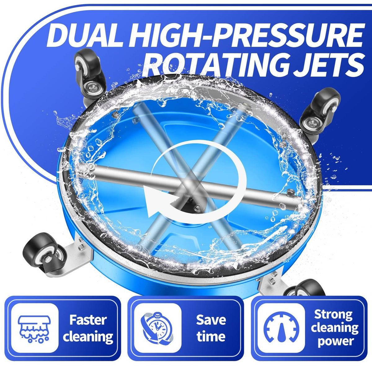 Pressure washer surface cleaner with dual rotating jet nozzles on circular blue base and wheels