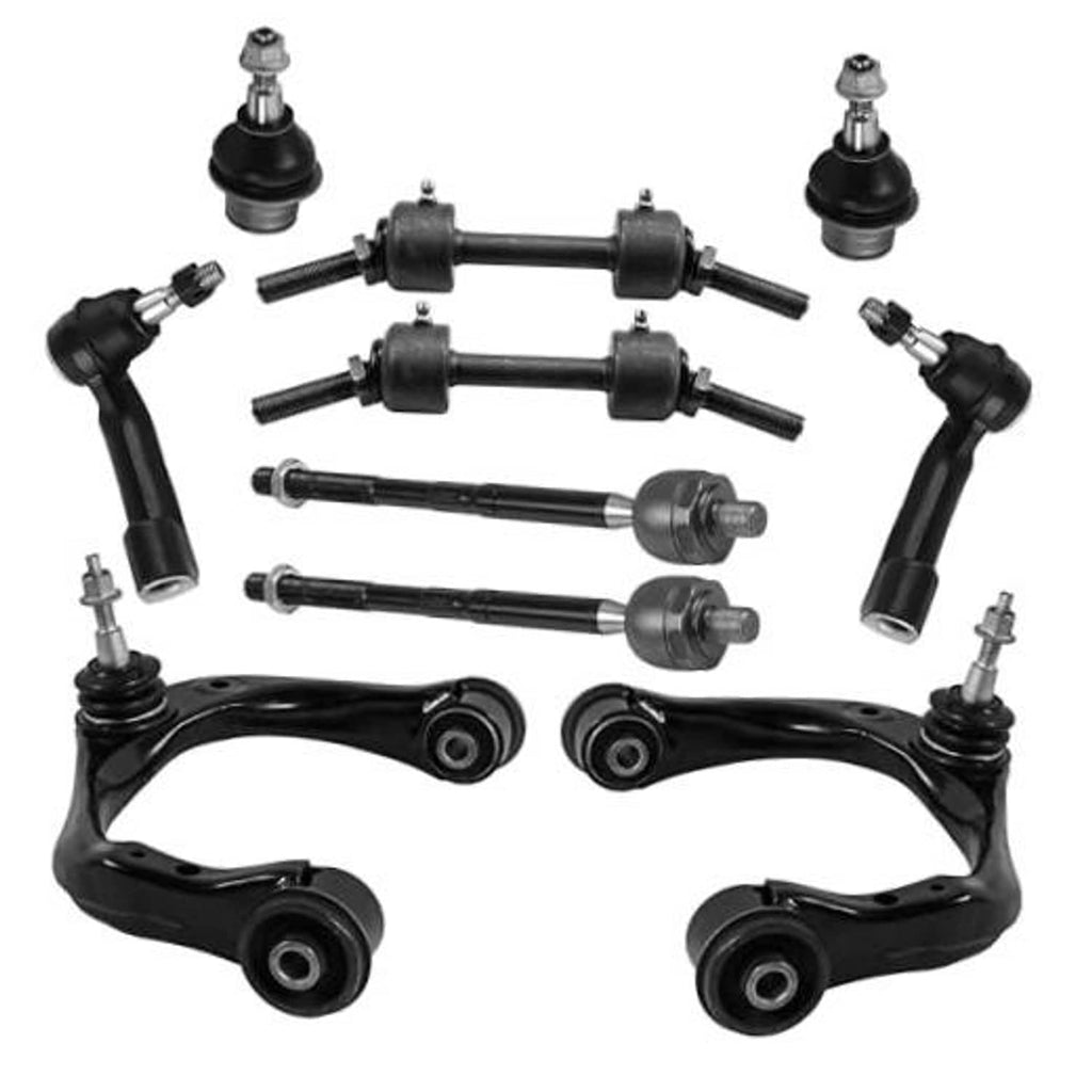 Front control arm kit with black upper arms, ball joints, and tie rod ends