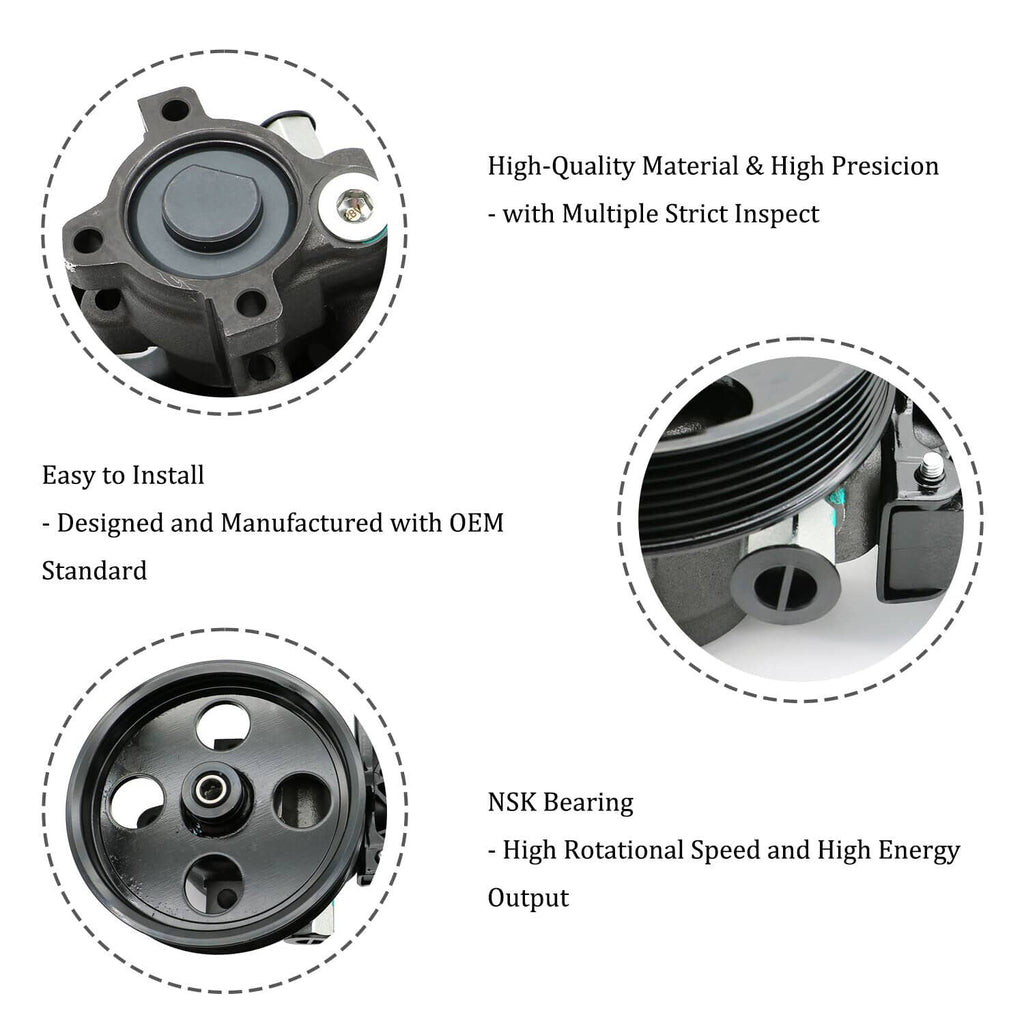 Power steering pump with reservoir and pulley, inset detail views of black pump and silver mounting