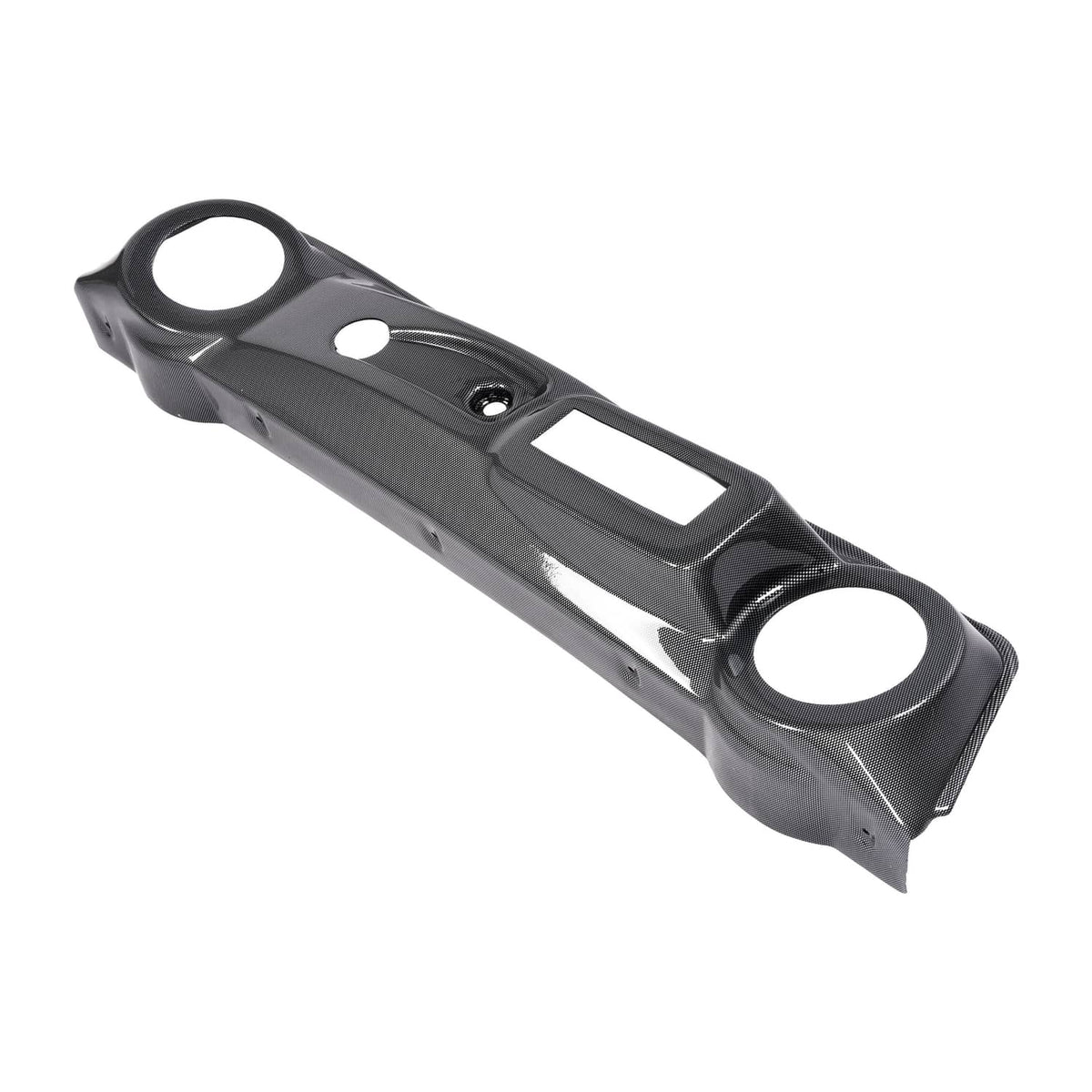 Black carbon-fiber style dash cover with round openings and center rectangular slot