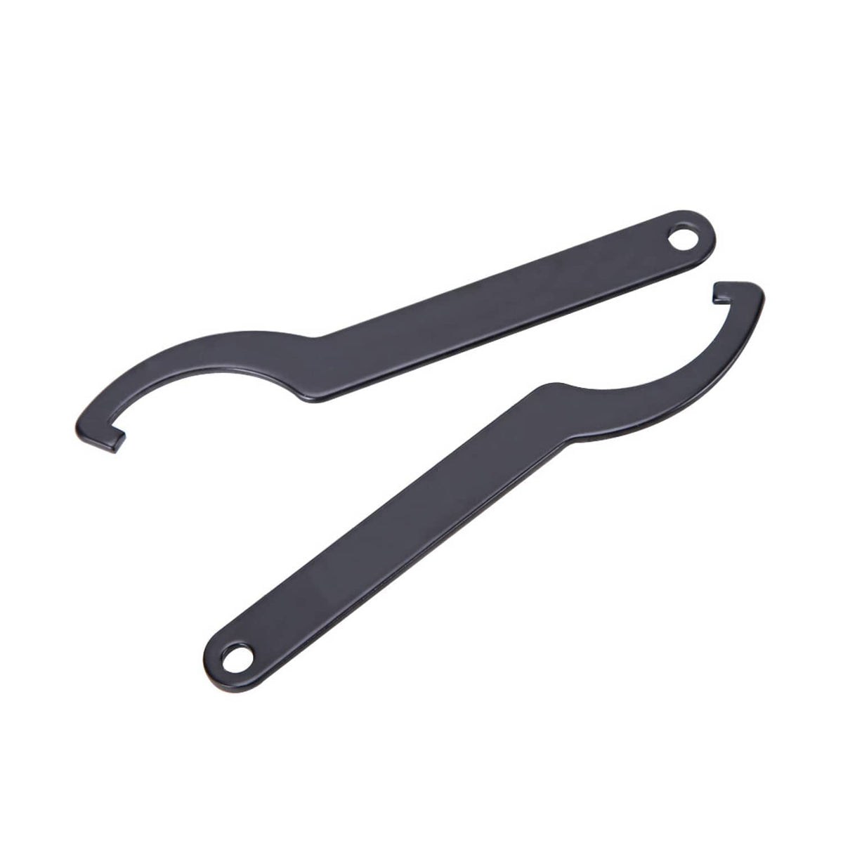 Dark gray C-spanner hook wrench with long bar, hole mount, and twin curved ends