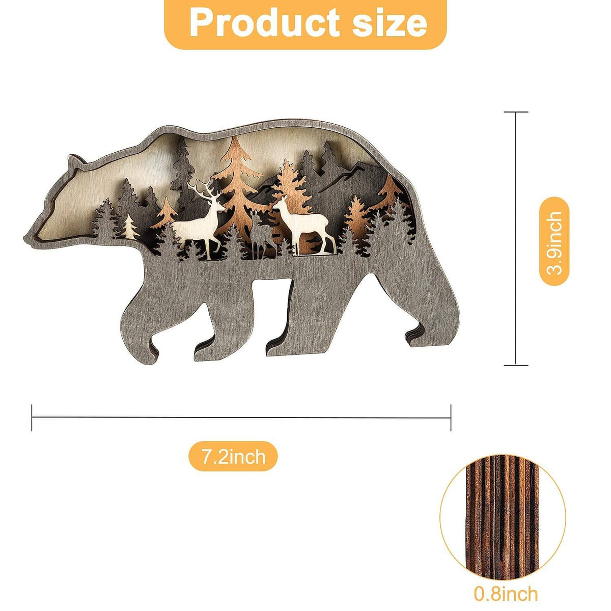 Wooden bear decor with forest scene cutouts, rustic gray and wood-brown backing