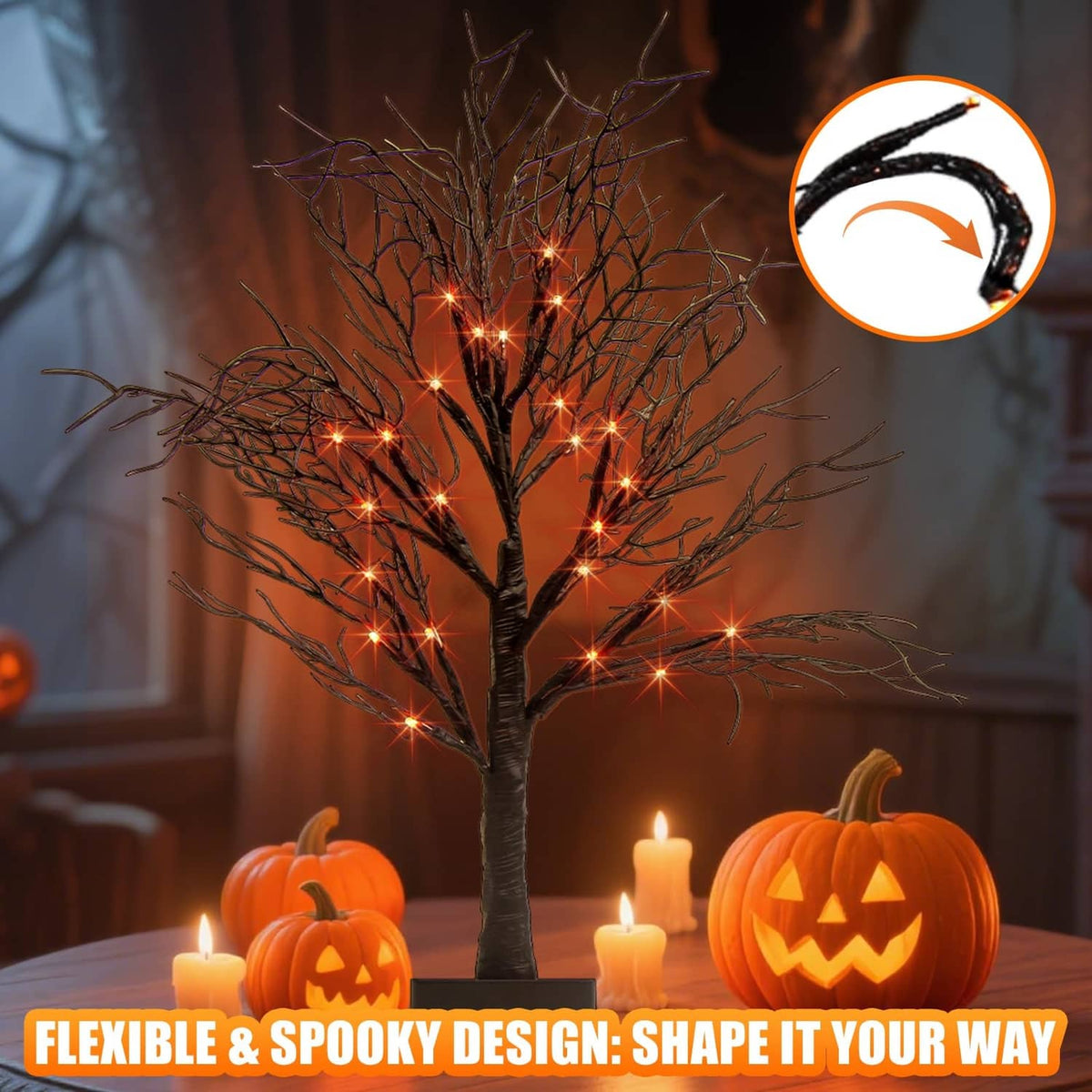 Lighted Halloween decorative tree with warm orange LED lights and black trunk on base