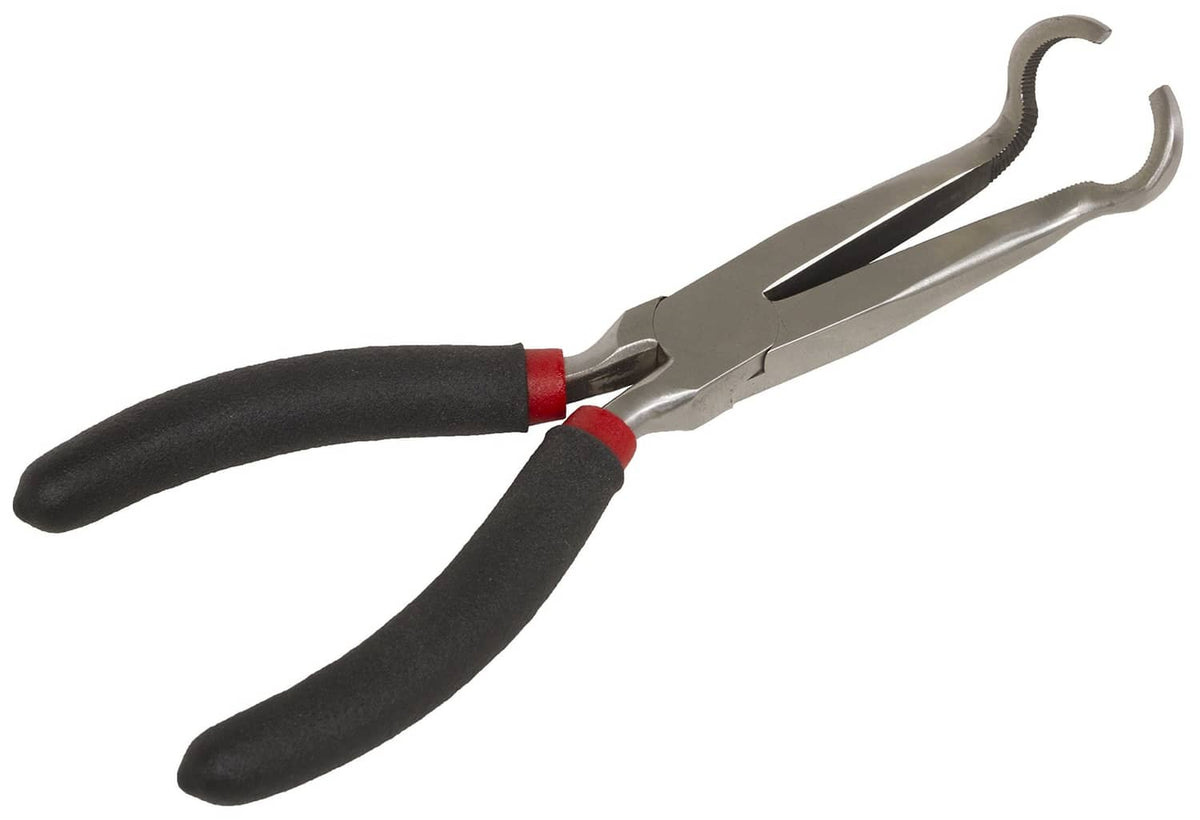 Offset spark plug boot removal pliers with black grips and red band