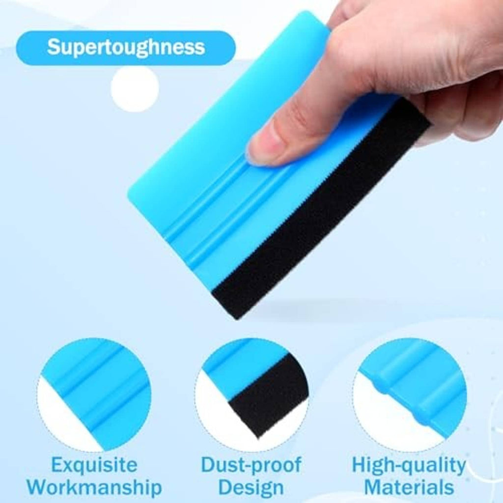 Cyan felt-edge squeegee tool with black felt strip held by hand.