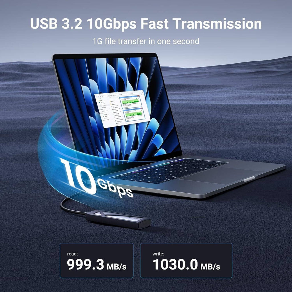 UGREEN NVMe SSD enclosure showing USB 3.2 10Gbps fast transmission