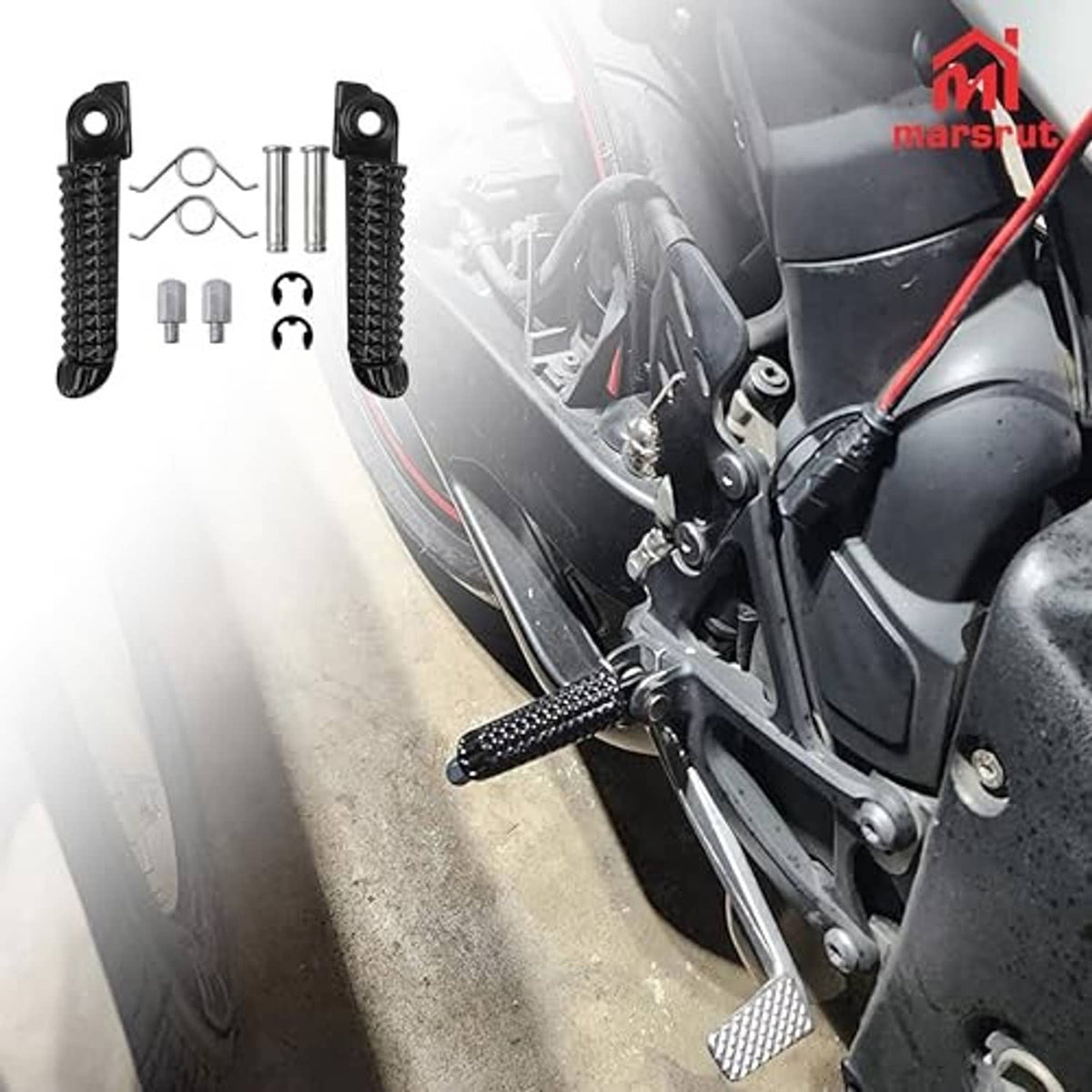 Pair of front foot pegs mounted on motorcycle bracket, textured black