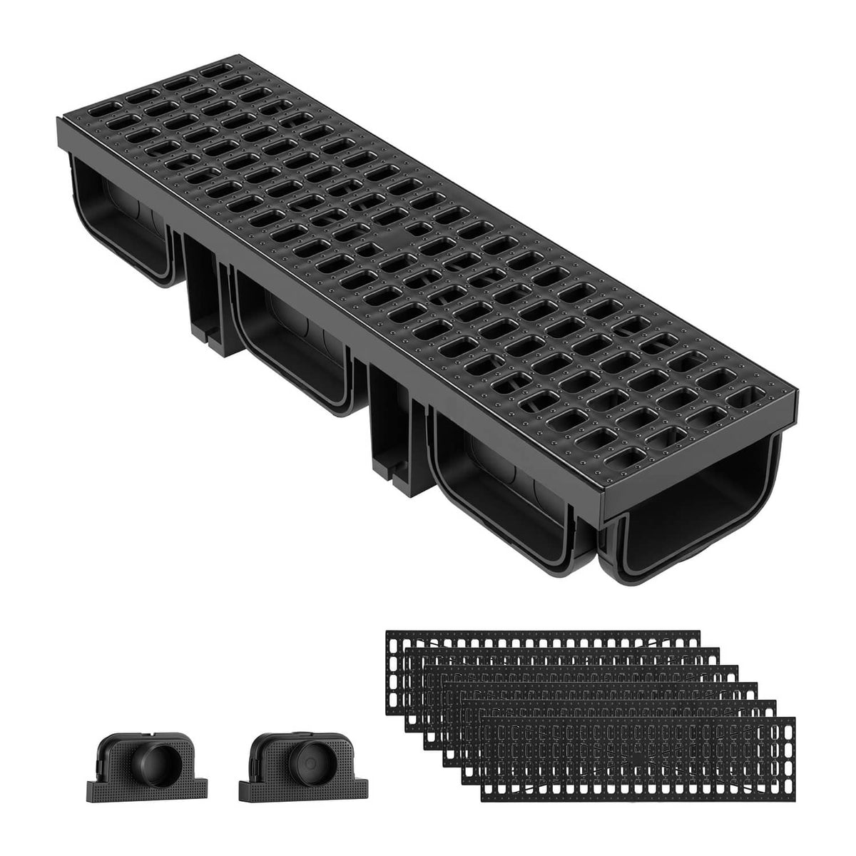 Black HDPE linear drainage channel with grated top and side outlets