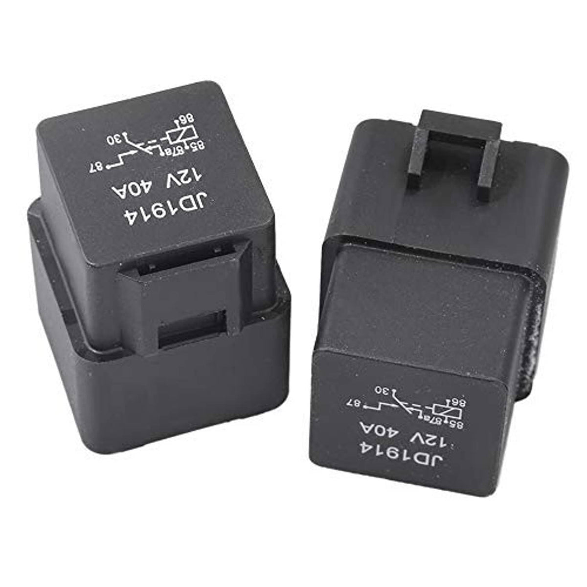 Two black cube relays with printed specs and plug-in connector openings