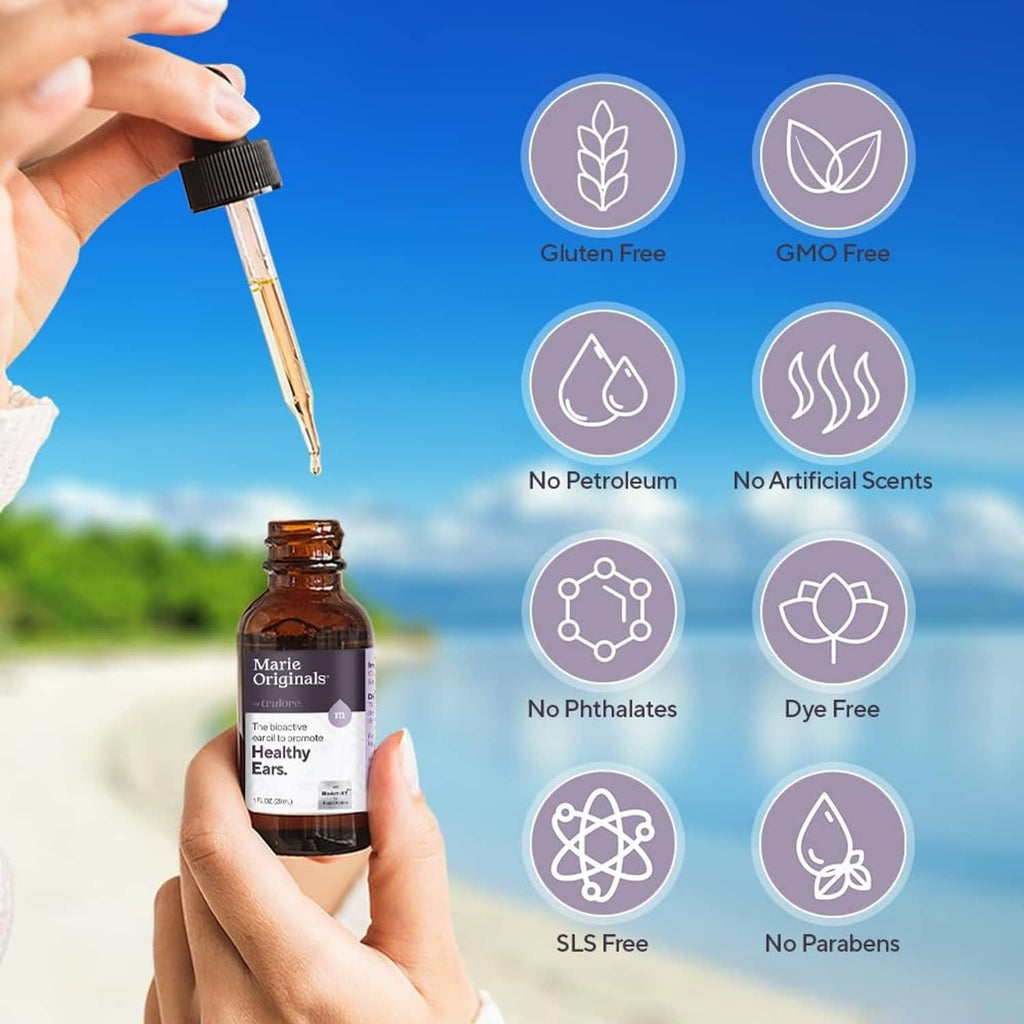 Marie Originals ear drops bottle with dropper pouring oil, 1 fl oz