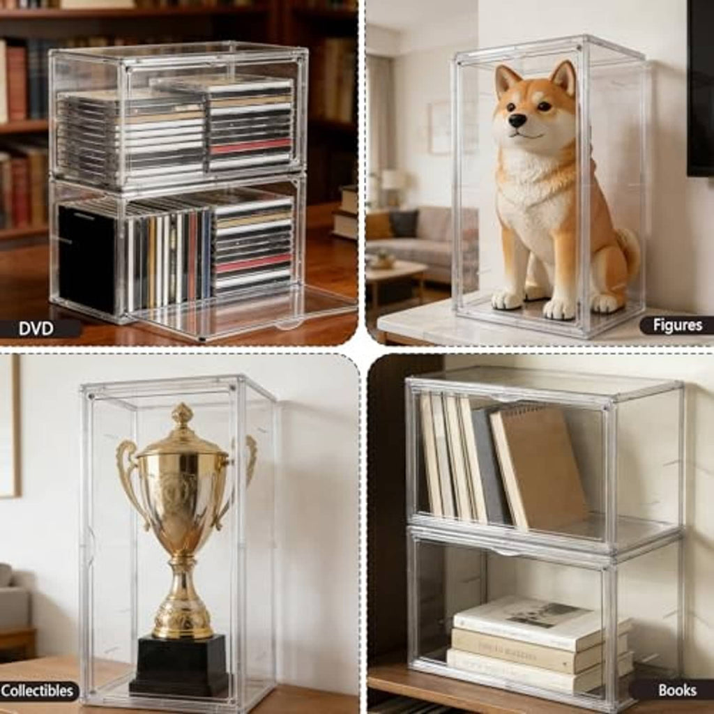 Clear acrylic stackable storage cases with multi-level shelves for DVDs/CDs