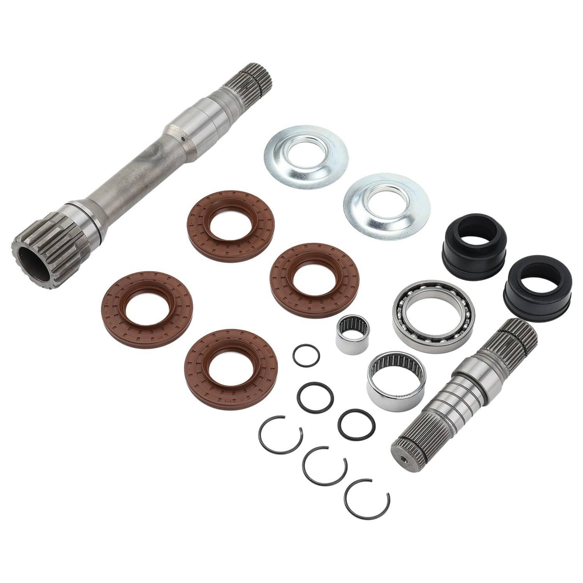 Axle inner shaft kit with two shafts, brown seal rings, black boots, and bearing parts