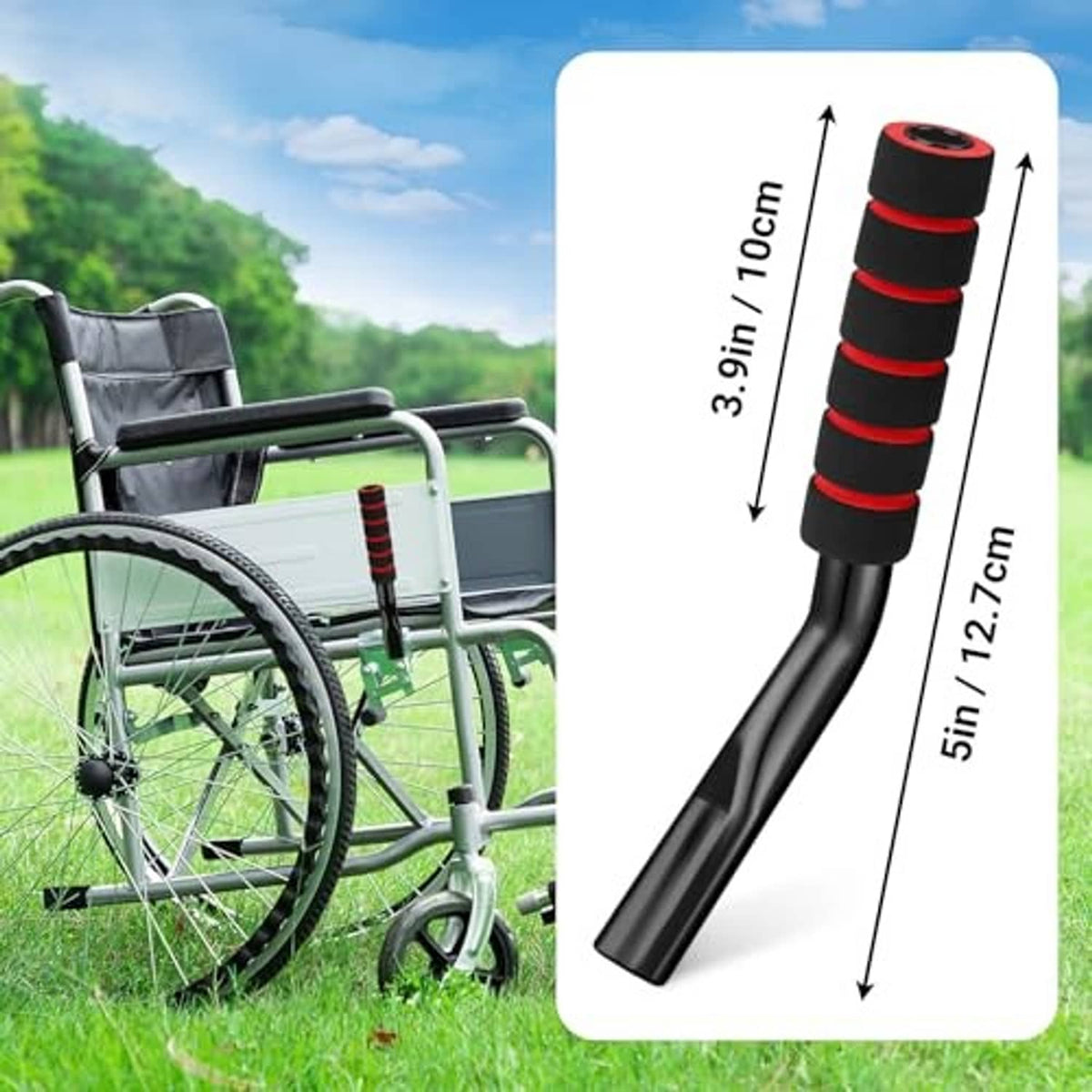 Two black wheelchair brake lever extenders with red anti-slip rings, curved
