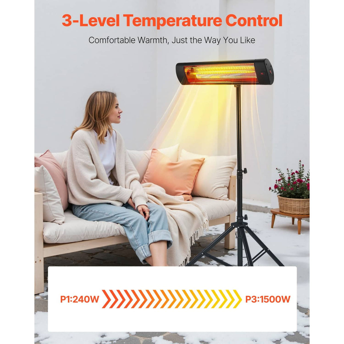 Infrared space heater on tripod stand with visible heating tube output levels