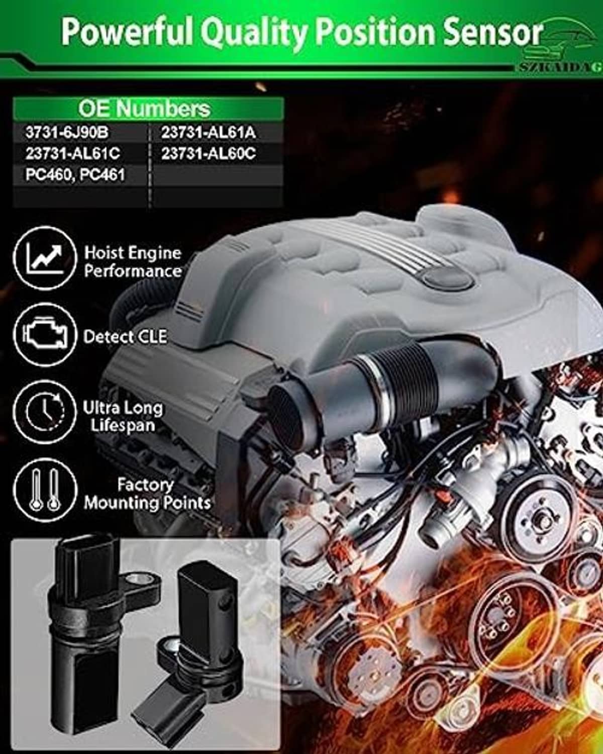 Black camshaft sensor with mounting flange and electrical connector