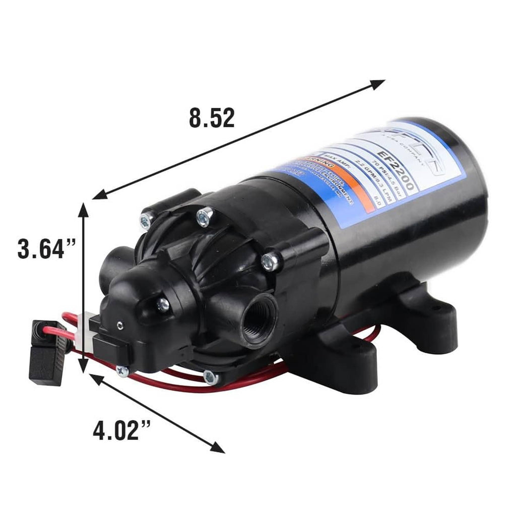 Black diaphragm sprayer pump with blue sticker, red wires, and inlet/outlet fittings