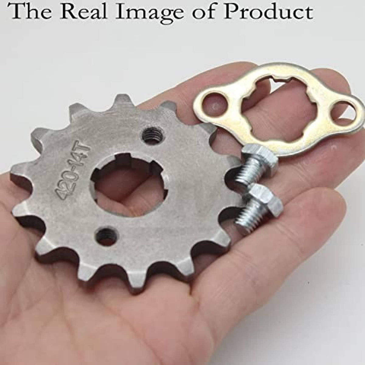 Front sprocket gear and mounting plate with two bolts held in hand