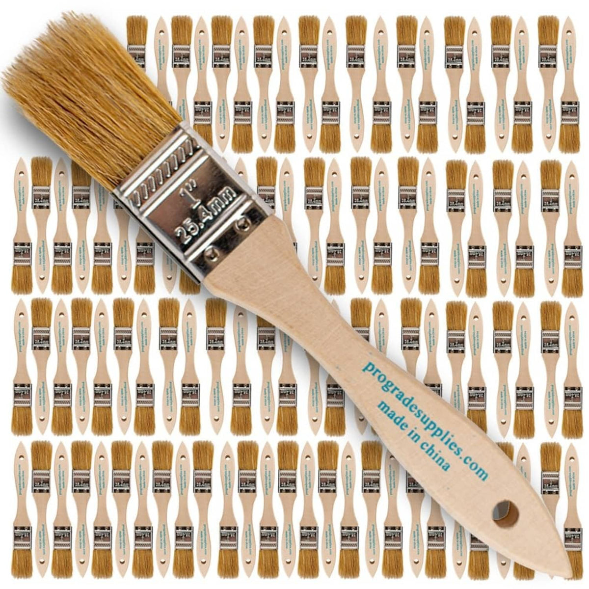 96-pack of 1-inch paint chip brushes with light-brown bristles and wood handles