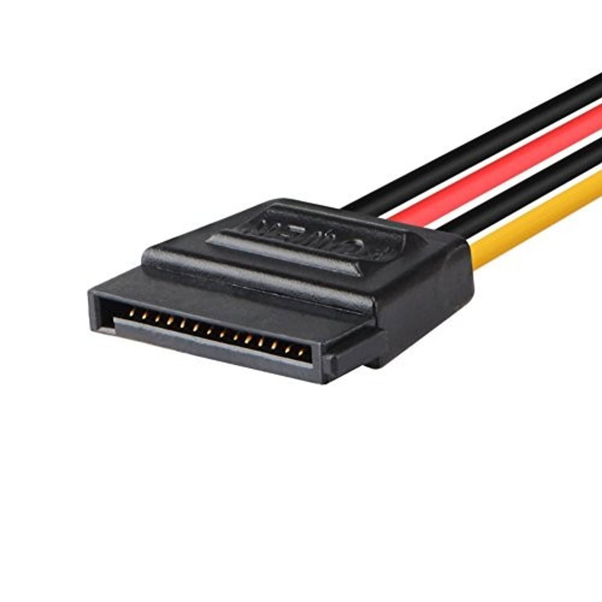 Two-lane SATA power connector end on the Y-cable with black housing and pin contacts