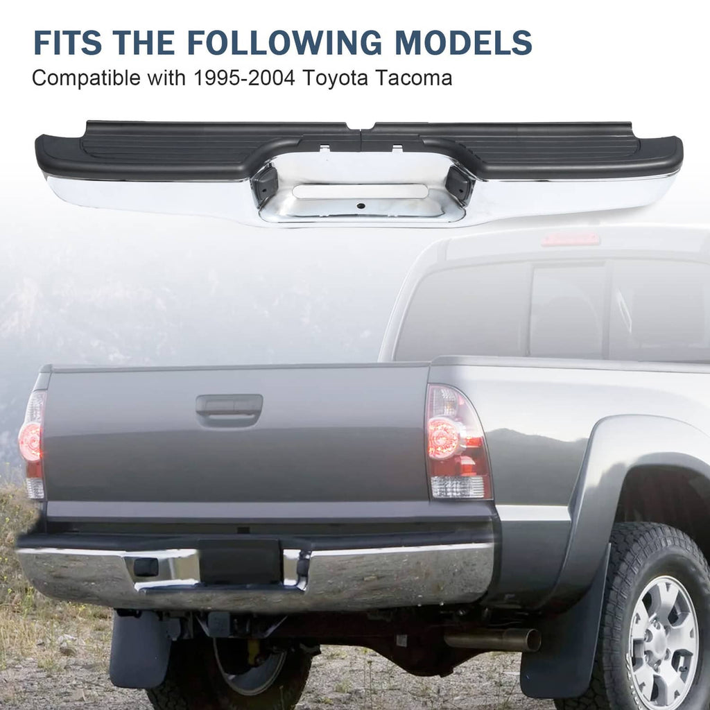 Rear step bumper assembly installed on a pickup, with black step pads and chrome face