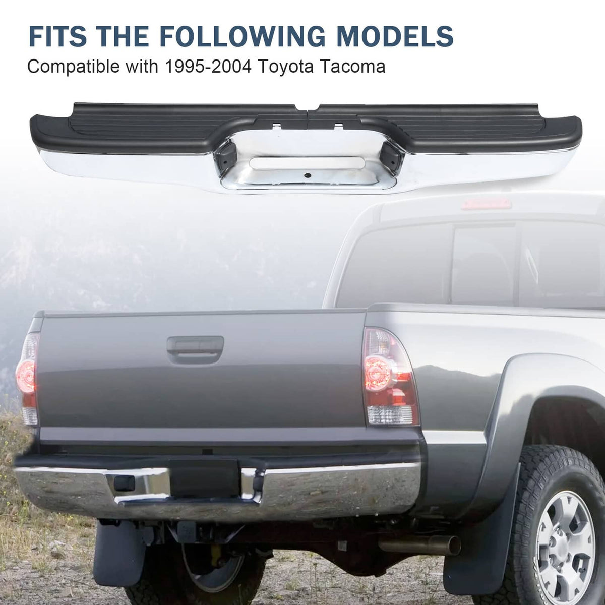 Rear step bumper assembly installed on a pickup, with black step pads and chrome face
