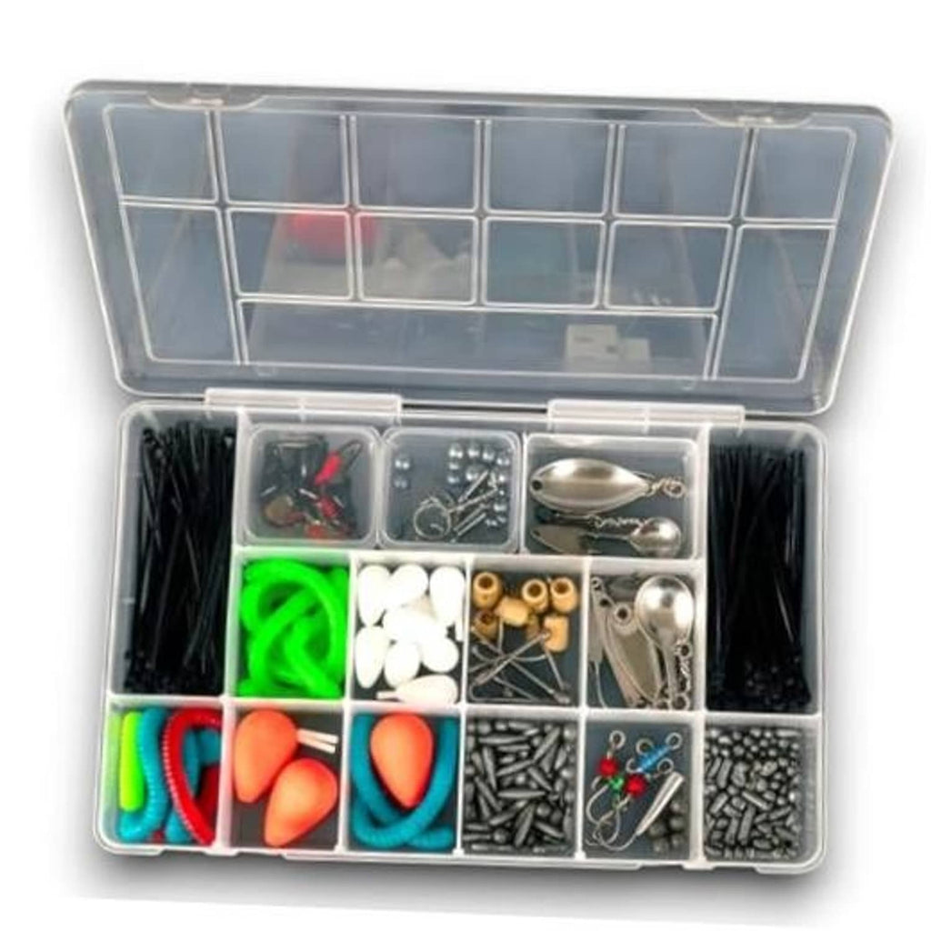 Clear plastic tackle box organizer with hinged lid and 13 divided compartments, open view