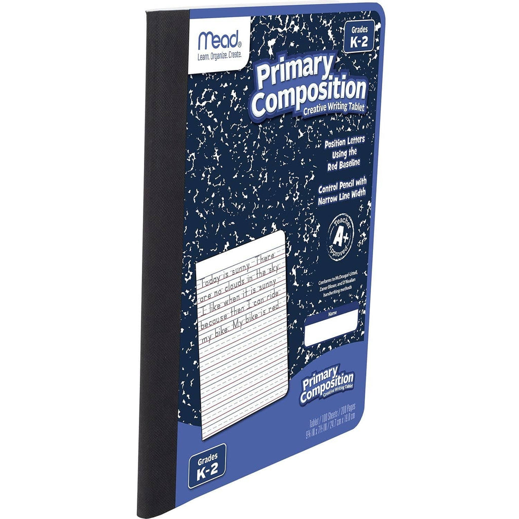 Mead Primary Composition notebook standing upright with blue speckled front cover